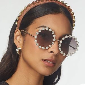Lele Sadoughi Crystal Elton 14k Gold Plated Round Sunglasses; Comes With 2 Cases